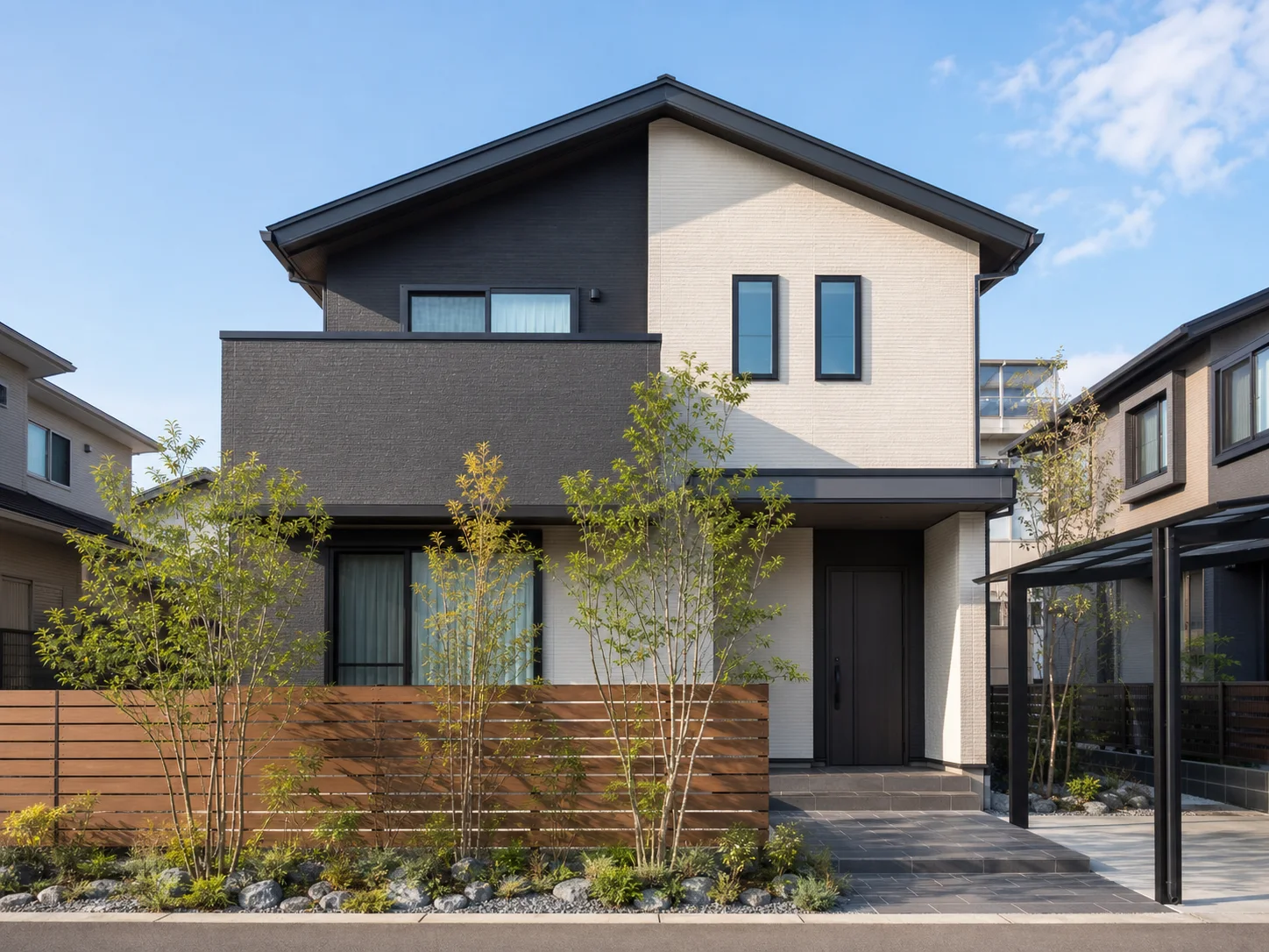 植栽と木製フェンスを整えた住宅の外構